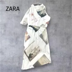 美品✨ZARA アートプリント アシンメトリーワンピース 総柄 ドレープデザイン