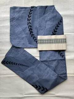 注染そめ　浴衣　ゆかた　蝶々　紺ねず色　紺鼠色　ブルーグレー　蝶や水玉の染め模様