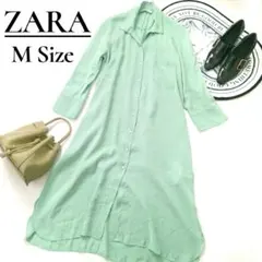 美品✨️ ZARA ザラ モダル混 ロングシャツワンピース 緑 ミントグリーン