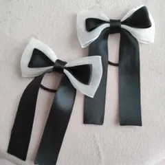 キッズヘアゴム　オーガンジーリボン　サテンリボン　白色　黒色