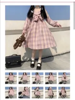 チェック膝丈ワンピース
