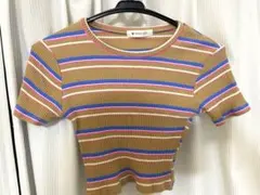 リブ編みブラウンストライプ半袖トップス