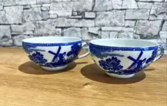 デルフト　阿蘭陀焼　東洋風景図　フローブルー　にじみ手　カップ　小碗　5客 デルフト 阿蘭陀焼 東洋風景図 フローブルー にじみ手 カップ 小