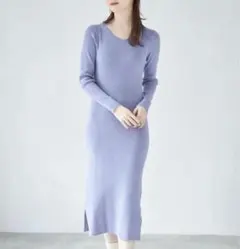 【tocco closet】裾スリット入りＶネックリブニットロングワンピース