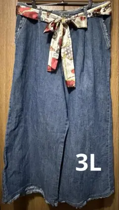 3L スカーフリボン付き デニム ワイドパンツ レディース 大きいサイズ