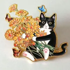 ハチワレ猫の花束 ブローチ ピンバッジ