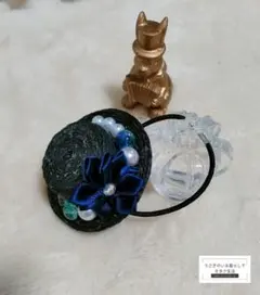 ペット、飼い主さん用ヘアアクセサリー 黒と青のリボン付き