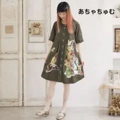 あちゃちゅむ★　ワンピース　カーキ　動物　アニマル　個性的　ウサギ　柄釦 2026年最新】あちゃちゅむ レディース 半袖ひざ丈ワンピースの人気