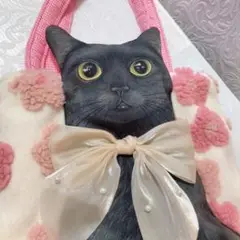 ビッグ黒猫ちゃんトートバッグ　コヤンイサムチョン　お花ボア生地&レースバッグ