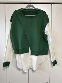 美品　ほぼ未使用　レイヤードデザイン 長袖トップス 緑/白　FREE SIZE
