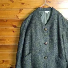 希少　ノーカラージャケット　アウター　キッドモヘア　カーキ　紺　ボタン　古着