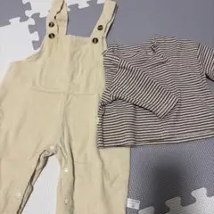オーバーオールとストライプ長袖シャツセット