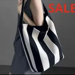 SALE レディース　ストライプトートバッグ　おしゃれトート　大容量　黒白　新品