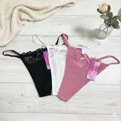 【3枚セット】Tバック ショーツ レース セクシー 下着 レディース M 黒白桃