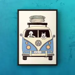★A4フレーム付き★オリジナル アートポスター SURF TRIP サーフ 犬