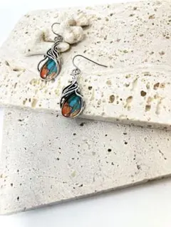 ターコイズ風 × オレンジ天然石風 ボヘミアンピアス 大ぶり シルバー 海アクセ