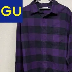 GU 紫と黒のチェック 長袖ネルシャツ