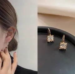 スクエア　ピアス　クリア　ゴールド　シンプル 高級感 大人め フォーマル