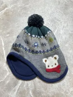 familiarクマ刺繍ポンポン付き冬用帽子 49-51cm