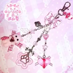 【872】ビーズキーホルダー ねこ 平成女児 肉球 ピンク ハート リボン