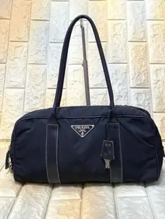 プラダ ミニボストン トートバッグ ナイロン レザー 三角ロゴ 南京錠 鍵付 黒