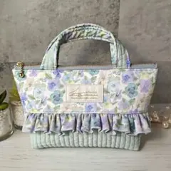 持ち手付きリバティフリルのヌビポーチ【シンクオブミー・リラブルー】