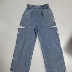 デニムブルー ハイウエスト ワイドレッグパンツ