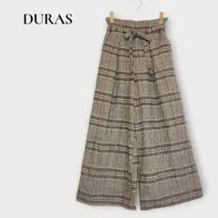 デュラス DURAS ワイドパンツ F ウール混 チェック ブラウン 裏地あり