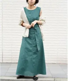 Eimee law バックダブルクロス配色ベルト付きノースリーブワンピース　緑