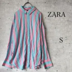 ZARA シャツ 長袖 ストライプ リネン ピンク ブルー S ゆったり 大きめのサムネイル