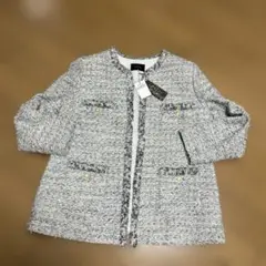 新品、PISANO ノーカラージャケット 白✖️黒（ツイード、リボンヤーン）3L