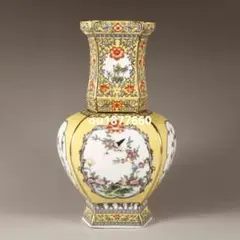エナメル彩洋赤彩錦地開窓花鳥挿花賞瓶 景徳鎮陶磁器 装飾品 現代工芸