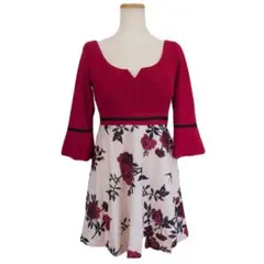 ワンピース 【Mサイズ】 花柄 赤 フレア ミニワンピ バイカラー 膝上丈