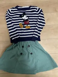 ミッキーの薄手セーターと黄緑スカートセット