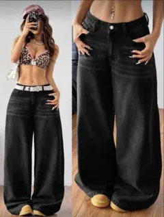 トレンド　ブラック　ワイドレッグデニムパンツ　Mサイズ