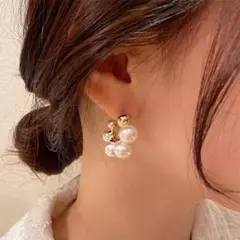 ゴールド プラチナ パール C字型 フープ ピアス シルバー925針 425-1