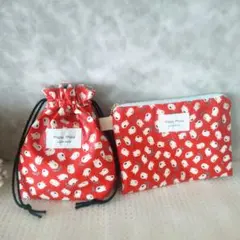 在庫整理　花柄2点セット　巾着袋　フラットポーチ　チューリップ　スズラン　赤