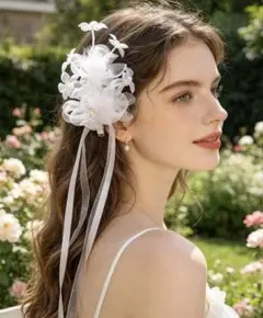ブライダル ヘアアクセサリー ヘアピン　フラワー パール リボン　2個セット