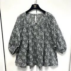 GANNIレーヨンフラワープリントブラウスガ ニー黒花柄リボン 