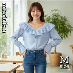 Meridian ストライプ柄フリルブラウス キャンディースリーブ M 青のサムネイル