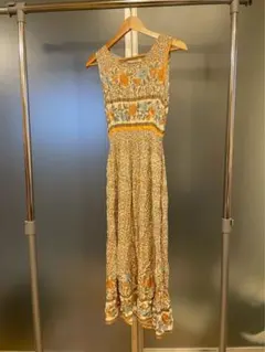 レトロ　ヴィンテージ風　オレンジ花柄レーヨンワンピース