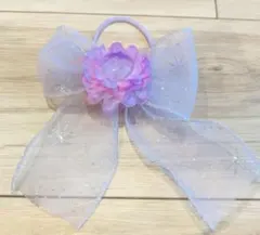 ブルーとピンク花と苺のリボンヘアゴム　ハナトタビスル