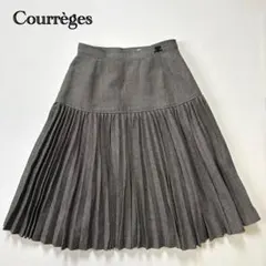 Courrèges プリーツスカート ツイード ヨーク切替 刺繍 毛 膝丈