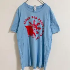 キャンバス 半袖Tシャツ クルーネック 丸首 太陽 M 水色 赤 綿 夏