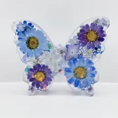 レジン ヘアゴム 蝶とドライフラワー パープル キーホルダー ブローチ
