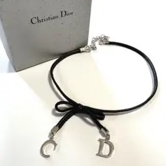 美品✨クリスチャンディオール 革 リボン CDロゴ ネックレス チョーカー 箱付