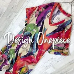 ワンピース レディース 半袖 赤 未使用 古着 総柄 レトロ アート ゆるだぼ