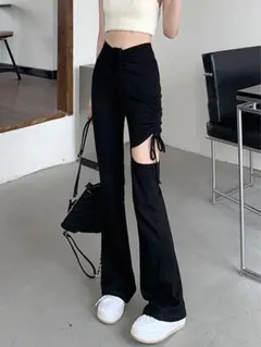 サイドスリット ブラックフレアパンツ SHEIN