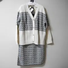 INDIVI　ジャガード編みニットカーディガン&スカートセット　白×グレー　M
