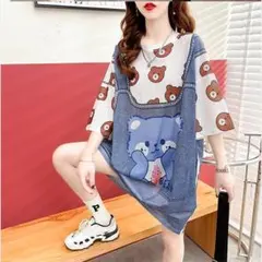 即納　大きいサイズ レディース 春 夏 クマ　ワンピース　プリント　新品